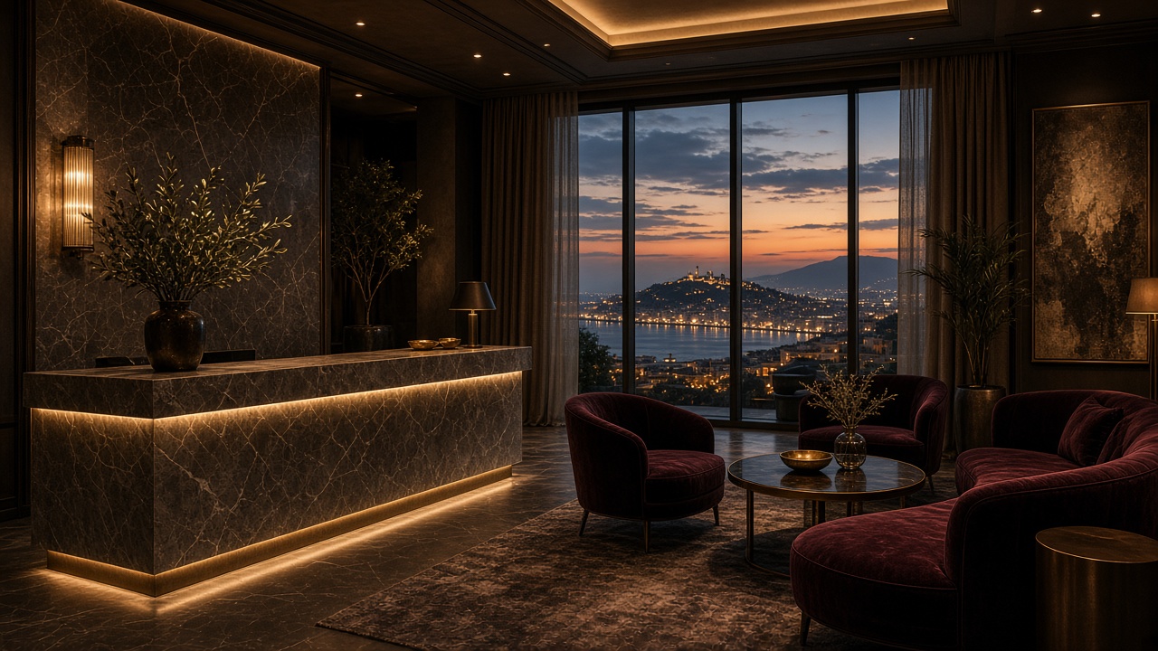 Lobby boutique de hotel al atardecer — ambiente premium para explorar agencias