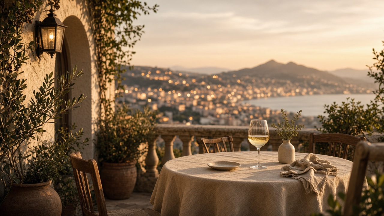 Terraza mediterránea al atardecer — ambiente cálido para explorar novedades